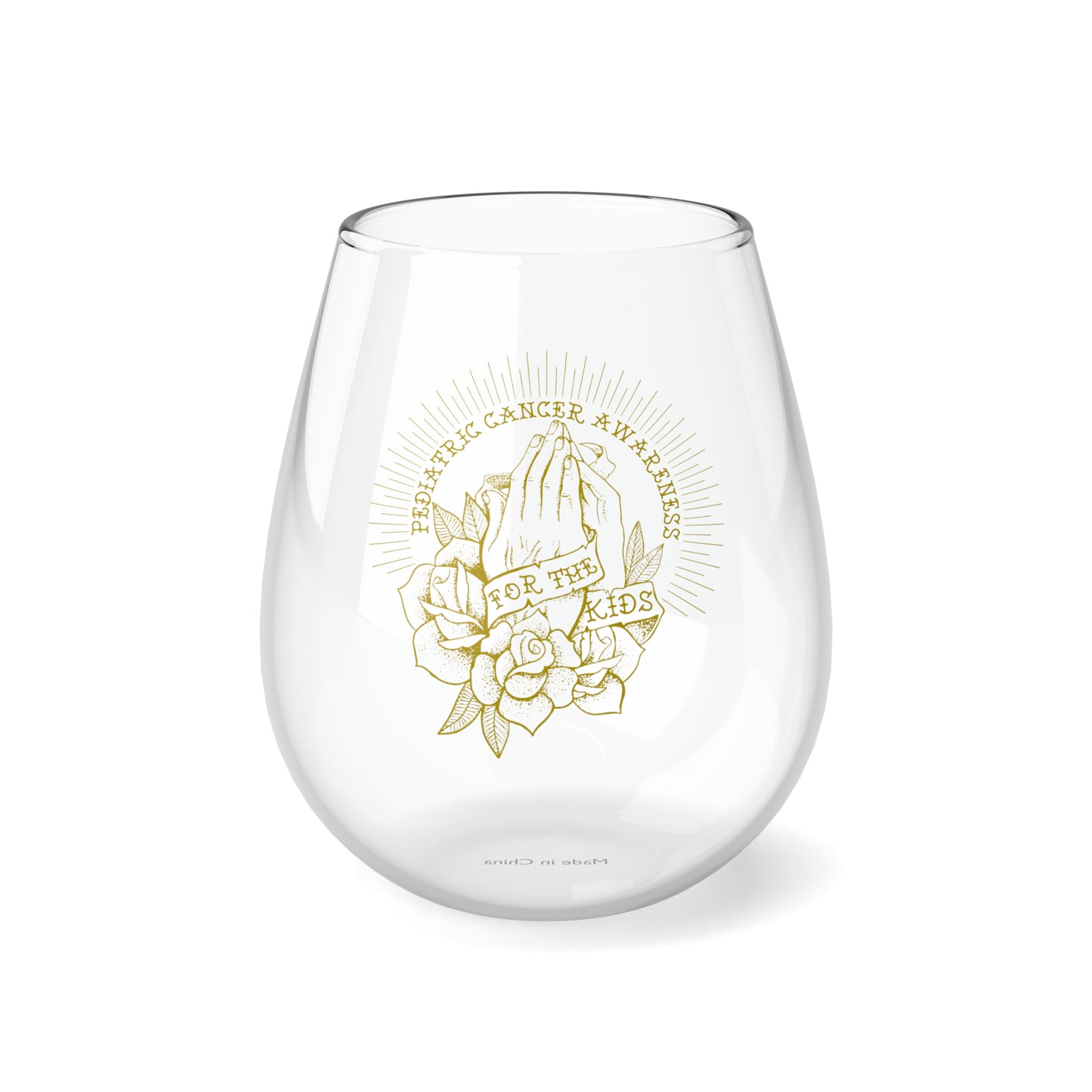 Pediatric Cancer Awareness - For The Kids Gold Logo Stemless Wine Glass, 11.75oz