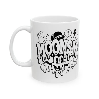 MOONSMC Urban Drip Graffiti Style Ceramic Coffee Mug: white mug showing the black graffiti artwork, handle on the left.