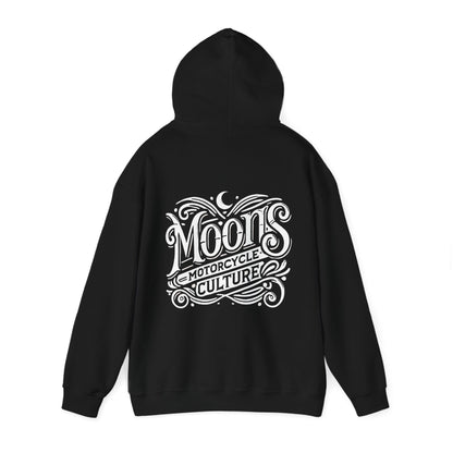 MOONSMC "The Saloon" Hooded Sweatshirt: black hoodie showing the large back logo with the hood raised.
