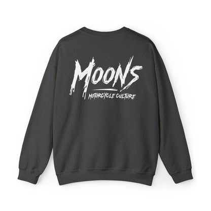 MOONSMC Graffiti Type Logo Heavy Blend Crewneck Sweatshirt: charcoal sweatshirt showing the large white graffiti-style back logo.