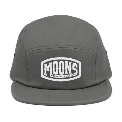 MOONSMC Vintage Badge Embroidered Logo 5 Panel Hat: front of the gray five-panel cap with an embroidered badge.