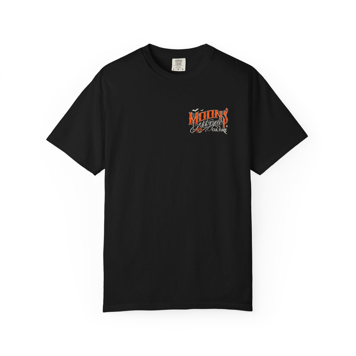 Front of black MOONSMC Haunted Heritage Halloween 2026 Comfort Colors tee with small orange and ivory logo on the left chest.