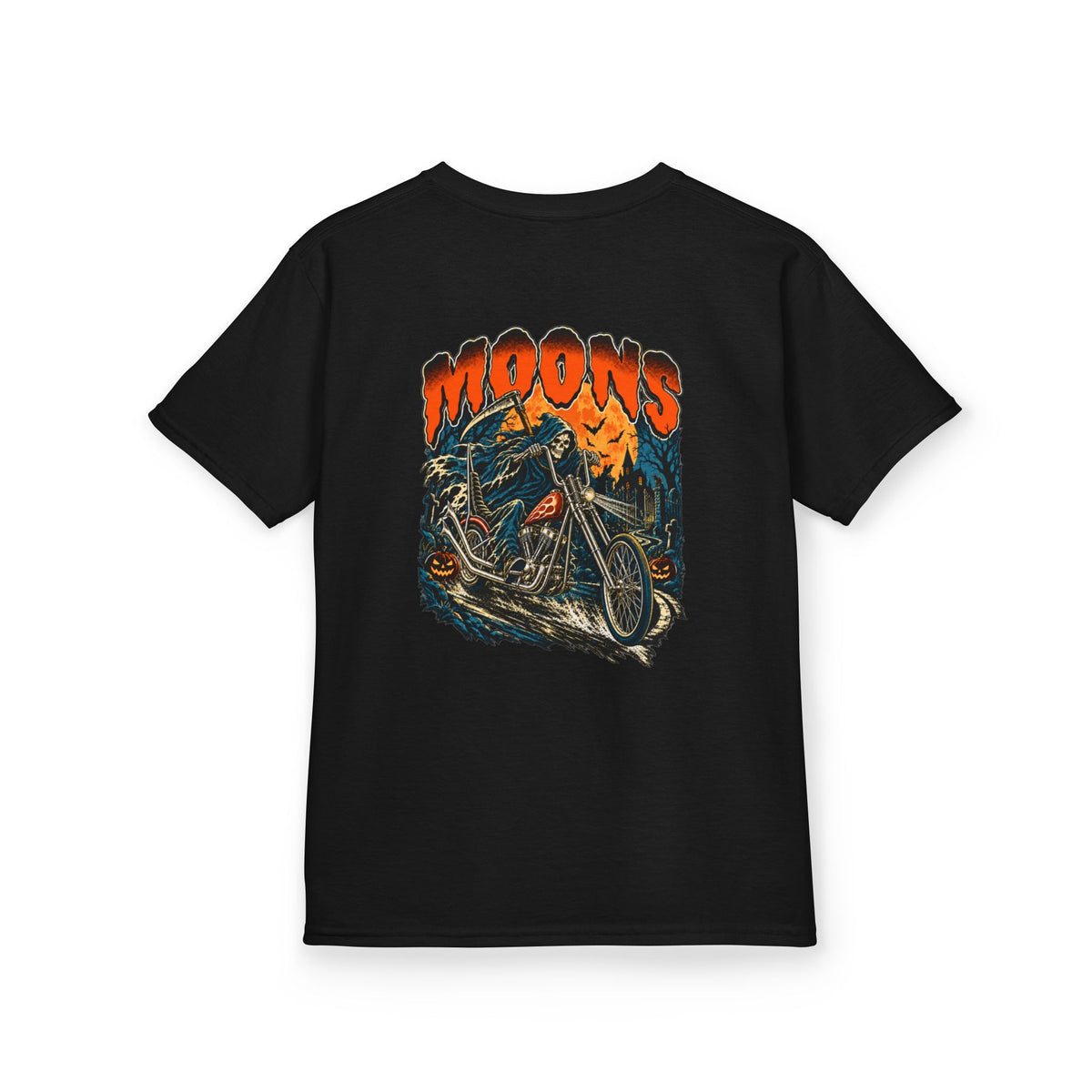 Back of black MOONSMC Midnight Reaper kids tee with reaper, chopper and orange moon artwork