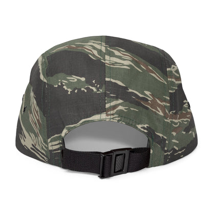MOONSMC Vintage Badge Embroidered Logo 5 Panel Hat: rear of the camouflage five-panel cap showing its adjustable buckle strap.