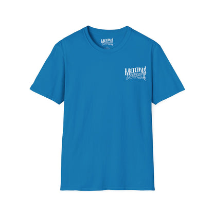 MOONSMC OG Logo T-Shirt: front view in bright blue with a small chest logo.