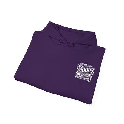 MOONSMC "The Saloon" Hooded Sweatshirt: folded purple hoodie showing its small chest logo.