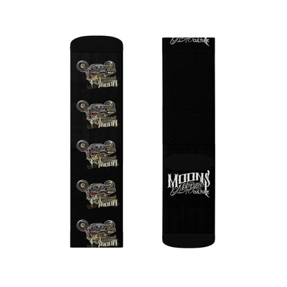 MOONSMC Red Rider FXR Sublimation Socks: two flat views of black socks showing the motorcycle pattern and logo lettering.