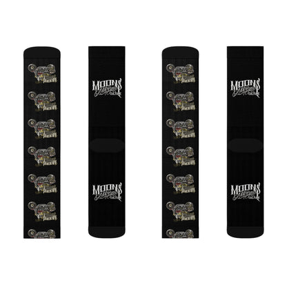 MOONSMC Red Rider FXR Sublimation Socks: multiple flat views of black socks with repeating motorcycle graphics and logo lettering.