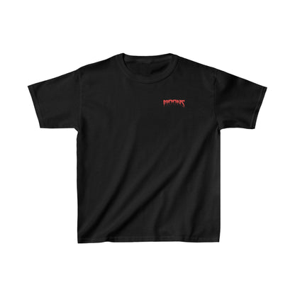 MOONSMC FXR Headless Horsemen Graveyard Wheelie Kids Heavy Cotton Tee Red: black kids tee with a small chest logo.