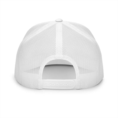 MOONSMC OG Logo White Embroidered 5 Panel Trucker Hat: rear view showing white mesh and an adjustable snap closure.