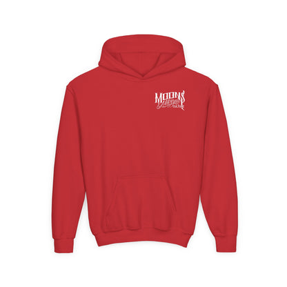 MOONSMC OG Logo Kids Hoodie: front of the red kids hoodie with a small chest logo.