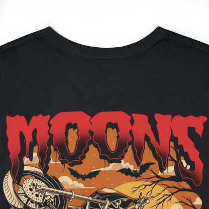 MOONSMC FXR Headless Horsemen Graveyard Wheelie T-Shirt Red: close-up of the headless rider back graphic on black fabric.