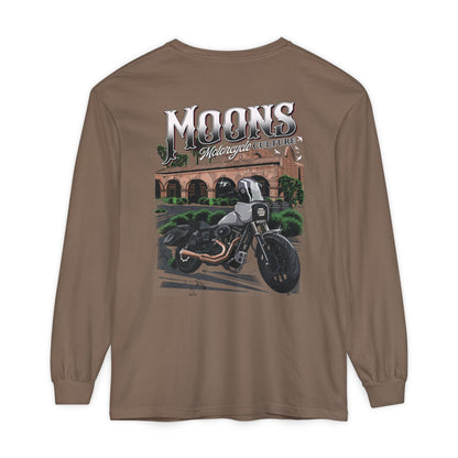 MOONSMC San Juan Capistrano - Mission Dyna Long Sleeve T-Shirt: brown long-sleeve shirt showing the mission and motorcycle back graphic.