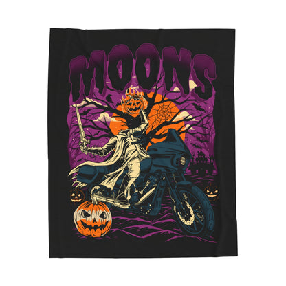 MOONSMC 2024 Halloween Edition - FXLRST Headless Horsemen Graveyard Purple Velveteen Plush Blanket: blanket laid flat showing the rider and pumpkin artwork.