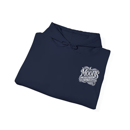 MOONSMC "The Saloon" Hooded Sweatshirt: folded navy hoodie showing its small chest logo.