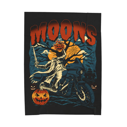 MOONSMC 2024 Halloween Edition - FXLRST Headless Horsemen Graveyard Indigo Velveteen Plush Blanket: blanket laid flat showing the rider and pumpkin artwork.