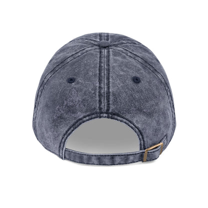 MOONSMC Vintage Badge Embroidered Stone Washed Hat: rear of the blue washed-finish cap showing its adjustable strap.