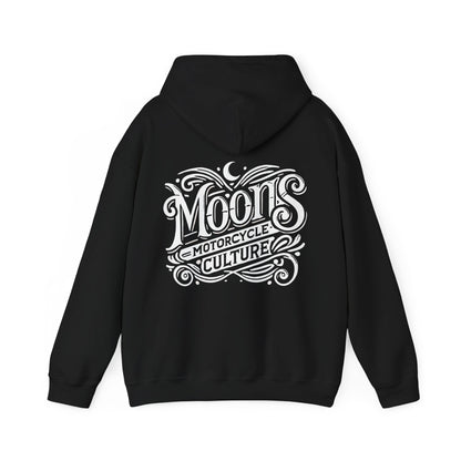 MOONSMC "The Saloon" Hooded Sweatshirt: black hoodie showing the large back logo with the hood down.