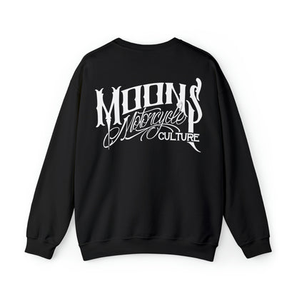 MOONSMC OG Logo Heavy Blend Crewneck Sweatshirt: black sweatshirt showing the large white back logo.