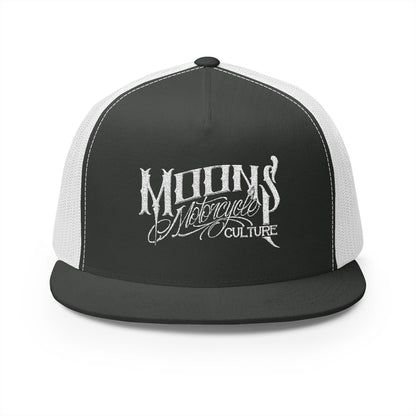 MOONSMC OG Logo White Embroidered 5 Panel Trucker Hat: front view in charcoal with white mesh, showing the embroidered logo.