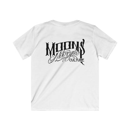 MOONSMC OG Logo Kids Softstyle T-shirt: white kids tee showing the large back logo.
