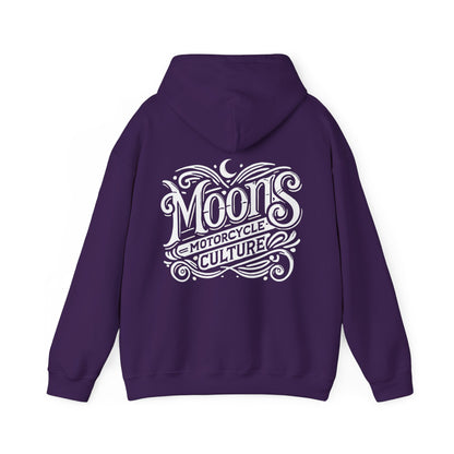 MOONSMC "The Saloon" Hooded Sweatshirt: purple hoodie showing the large back logo with the hood down.
