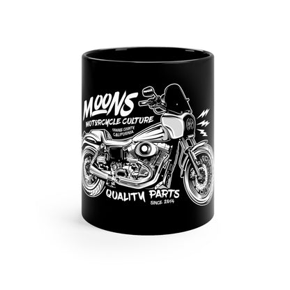 MOONSMC T-SPORT / FXDXT 11oz Black Mug: front view of the black mug showing the white motorcycle artwork.