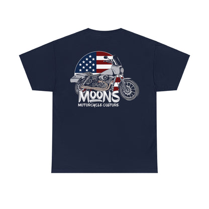 MOONSMC FXDT / T-SPORT "MURICA" Heavy T-Shirt: navy tee showing the motorcycle and American flag back graphic.