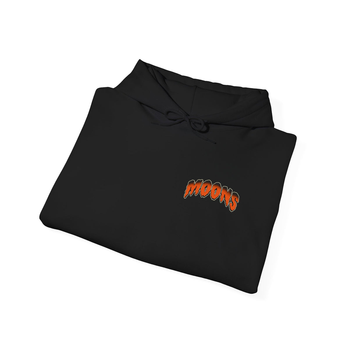Folded black MOONSMC Midnight Reaper hoodie showing the orange MOONS chest logo