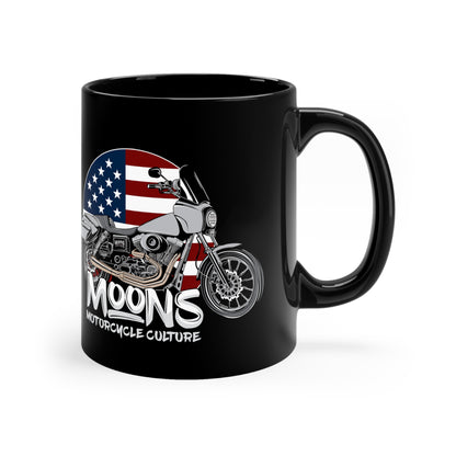 MOONSMC FXDT / T-SPORT MURICA 11oz Black Mug: black mug showing the motorcycle and American flag, handle on the right.