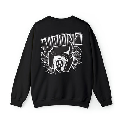 Back of the black MOONSMC T-Sport Fairing crewneck sweatshirt with a large headlight and fairing graphic.