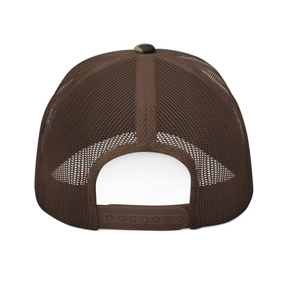 MOONSMC Vintage Badge Embroidered Camouflage Trucker Hat: rear view showing brown mesh and an adjustable snap closure.