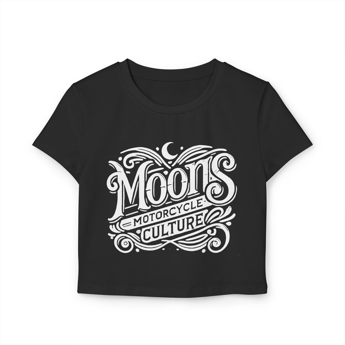 MOONSMC "The Saloon" Women's Baby Tee: front of the black cropped tee with a large white logo.