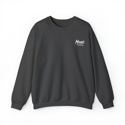 MOONSMC Graffiti Type Logo Heavy Blend Crewneck Sweatshirt: front of the charcoal sweatshirt with a small chest logo.