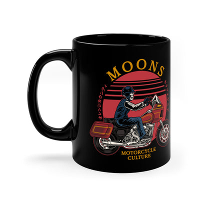 MOONSMC FXRT Sunset 11oz Black Mug: black mug showing the motorcycle and sunset graphic, handle on the left.