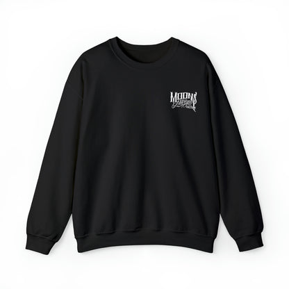 MOONSMC FXDT / T-SPORT "MURICA" Heavy Blend Crewneck Sweatshirt: front of the black sweatshirt with a small chest logo.