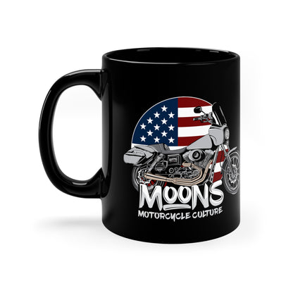 MOONSMC FXDT / T-SPORT MURICA 11oz Black Mug: black mug showing the motorcycle and American flag, handle on the left.
