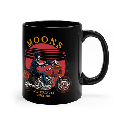 MOONSMC FXRT Sunset 11oz Black Mug: black mug showing the motorcycle and sunset graphic, handle on the right.