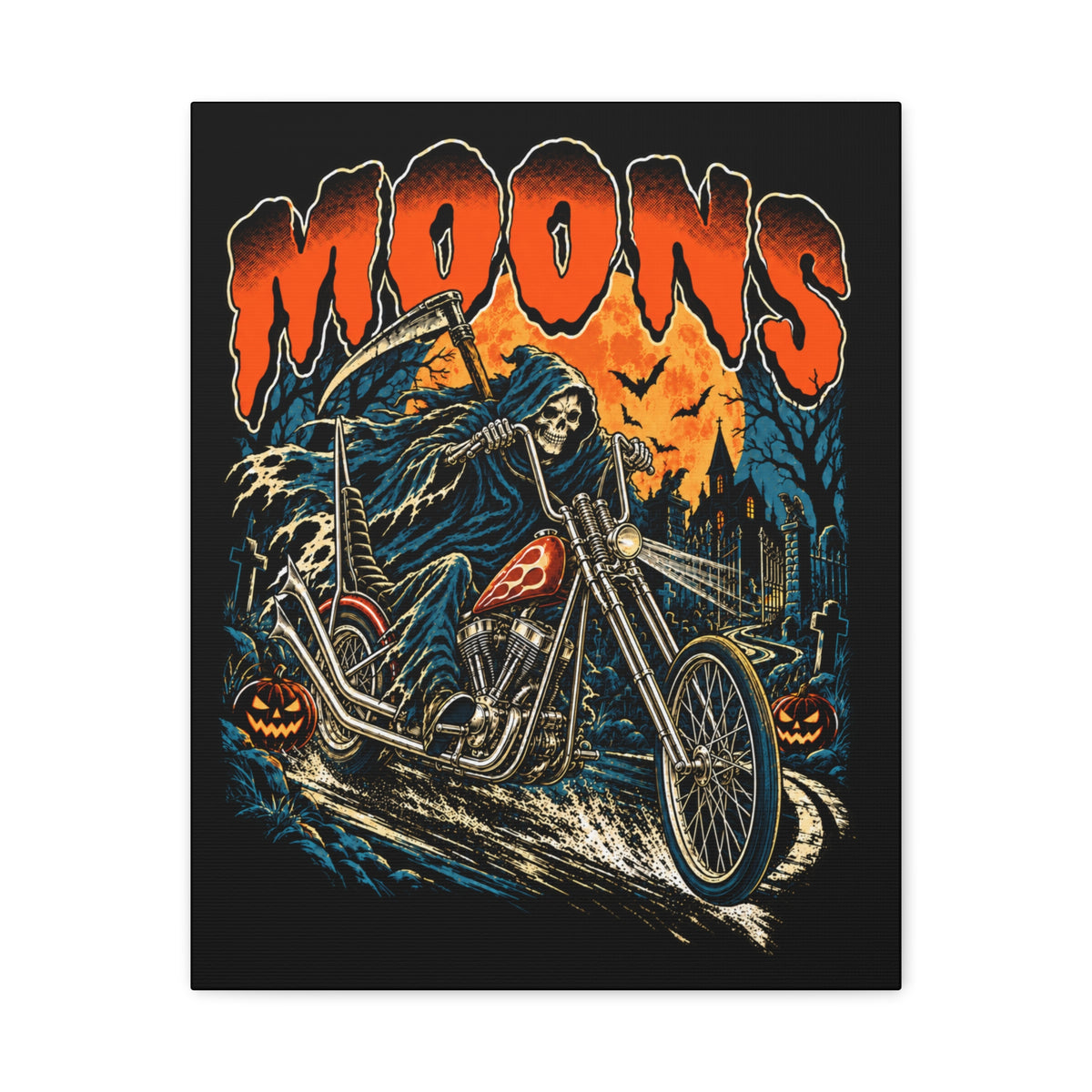 Front view of MOONSMC Midnight Reaper Halloween 2026 16 by 20 inch canvas with orange moon and haunted graveyard chopper scene