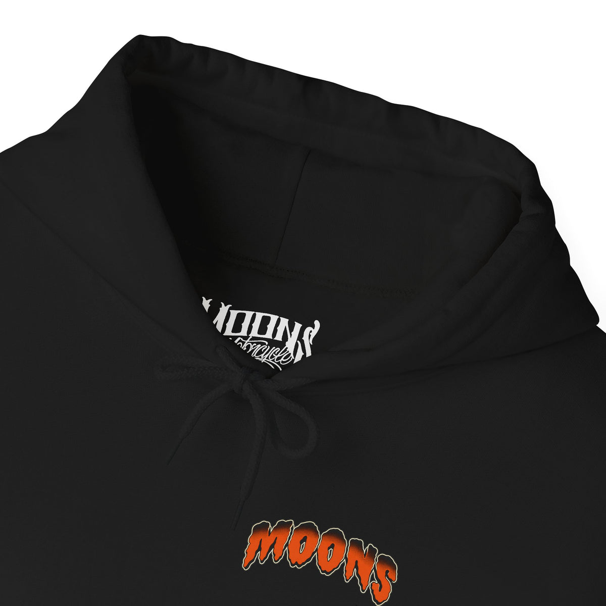 Close view of the orange MOONS chest logo, drawstrings and neck label on the black Midnight Reaper hoodie