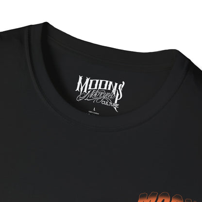 MOONSMC 2024 Halloween Edition - FXLRST Headless Horsemen Graveyard Tee Orange: close-up of the black neckline and printed neck label.