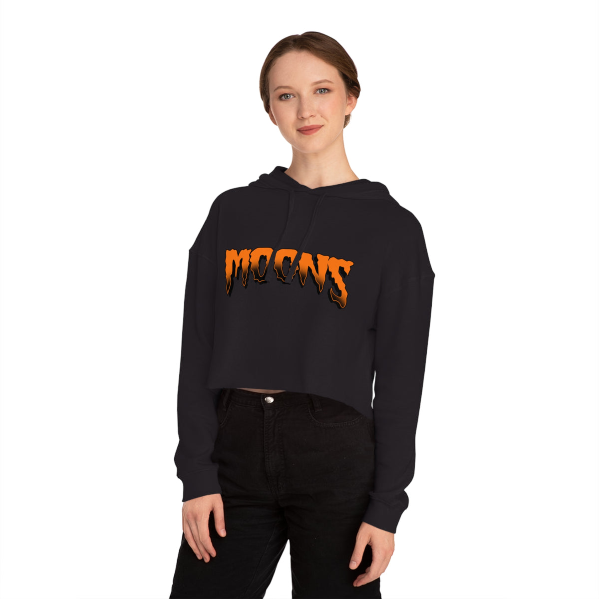 MOONSMC Halloween Logo women’s cropped hooded sweatshirt with orange artwork on black