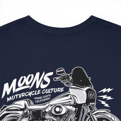 MOONSMC Dyna T-SPORT / FXDXT Heavy Cotton T-Shirt: close-up of the motorcycle back graphic on navy fabric.