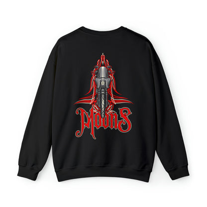 MOONSMC Dyna FXDXT T-Sport Pinstripe Heavy Blend Crewneck Sweatshirt: black sweatshirt showing the large motorcycle and red pinstripe back graphic.