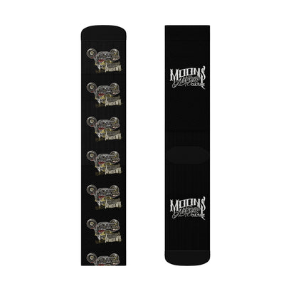 MOONSMC Red Rider FXR Sublimation Socks: two flat views of black socks showing the motorcycle pattern and logo lettering.