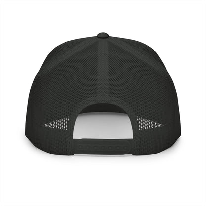 MOONSMC OG Logo White Embroidered 5 Panel Trucker Hat: rear view showing charcoal mesh and an adjustable snap closure.