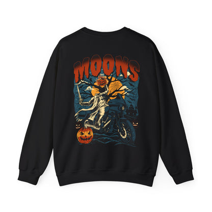 MOONSMC 2024 Halloween Edition - FXLRST Headless Horsemen Graveyard Sweatshirt Indigo: black sweatshirt showing the large rider and pumpkin back graphic.