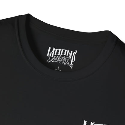 MOONSMC FXRT Sunset T-Shirt: close-up of the black neckline and printed neck label.