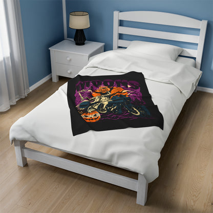MOONSMC 2024 Halloween Edition - FXLRST Headless Horsemen Graveyard Purple Velveteen Plush Blanket: smaller printed blanket displayed at the center of a bed.