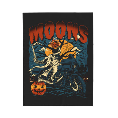 MOONSMC 2024 Halloween Edition - FXLRST Headless Horsemen Graveyard Indigo Velveteen Plush Blanket: blanket laid flat showing the rider and pumpkin artwork.